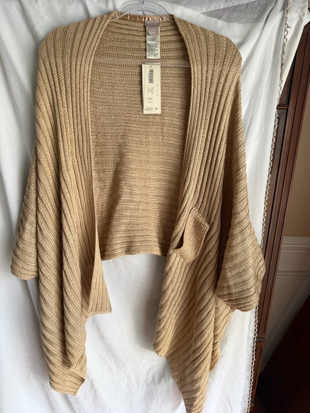 NWT Chico's Size L/ XL Josie Wrap  Color Sand  pull through  Knit Wrap